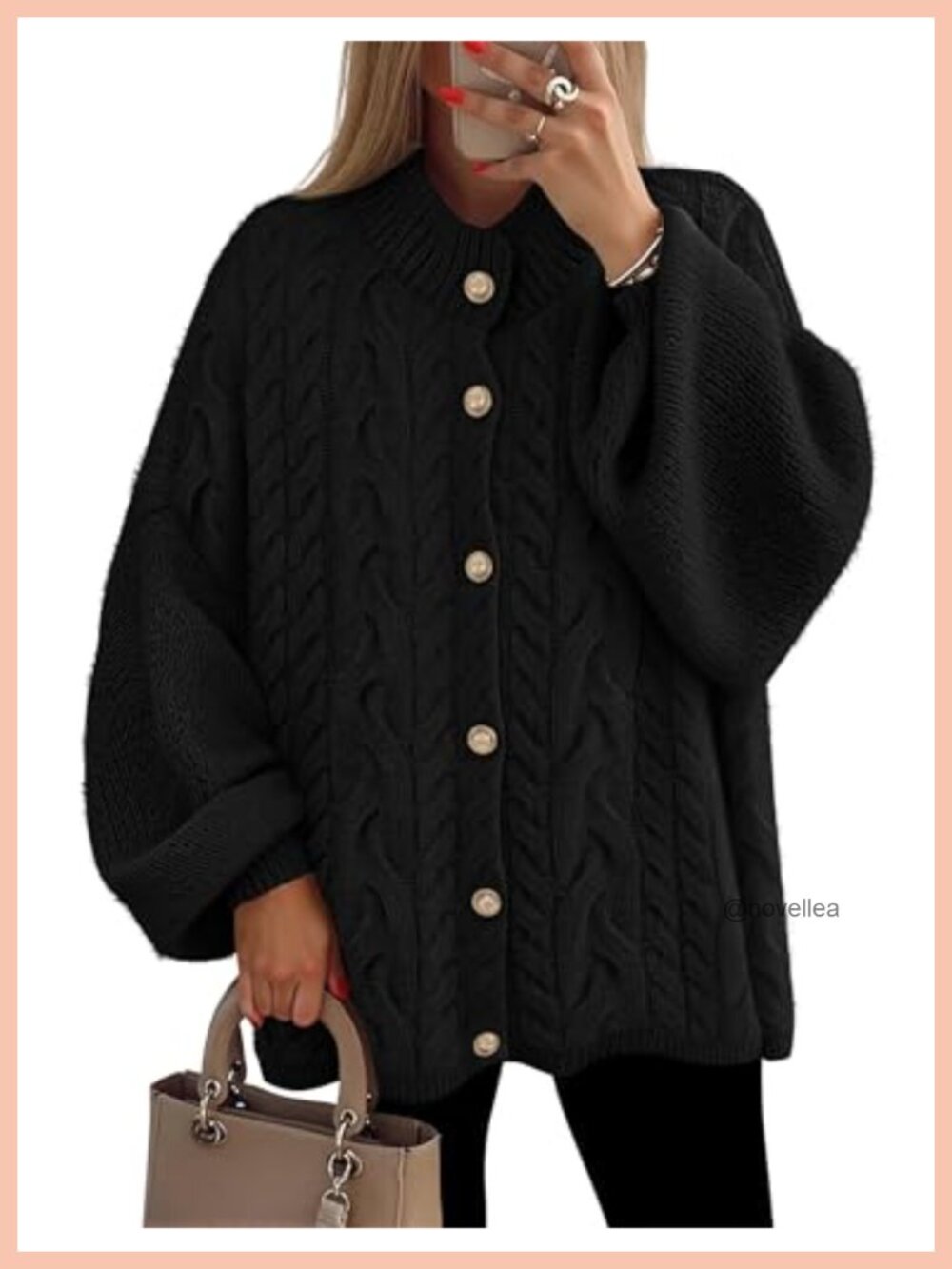 Oversized Chunky Cable Knit Cardigan Sweater with Lantern Sleeves